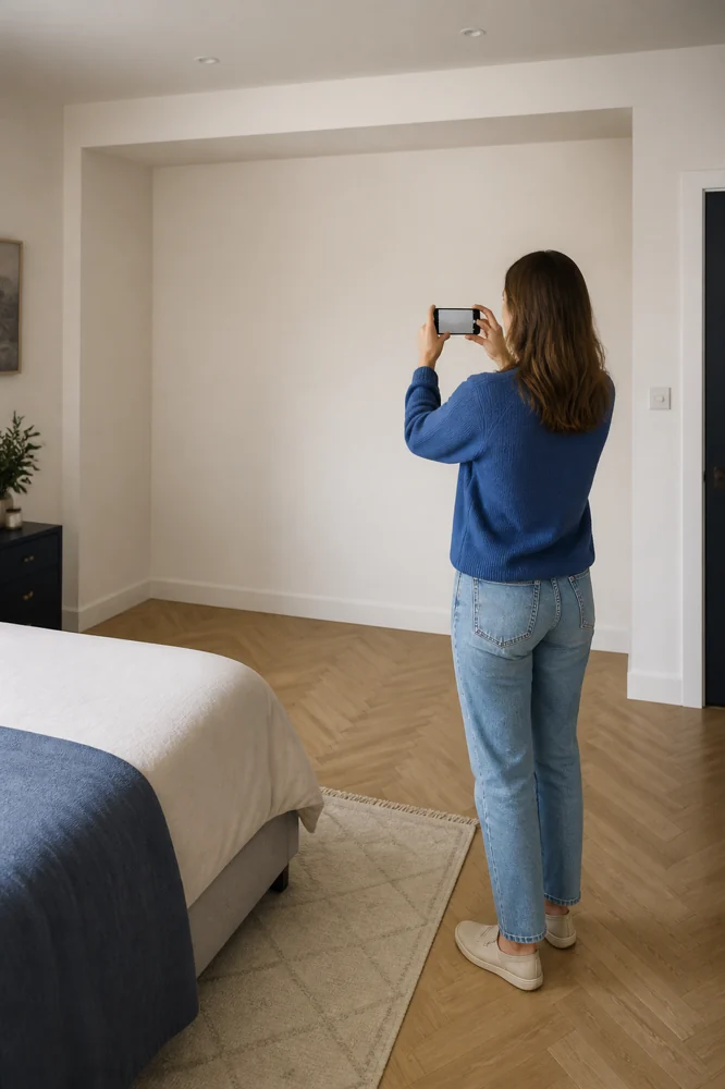 Homeowner photographing an empty bedroom alcove for fitted sliding wardrobes