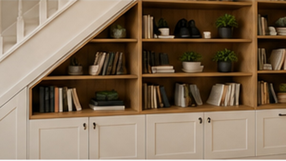 Open bookcase storage fitted beneath a staircase