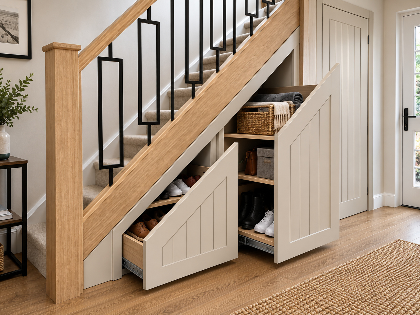 Bespoke under stairs storage detail with green shaker-style cupboard doors