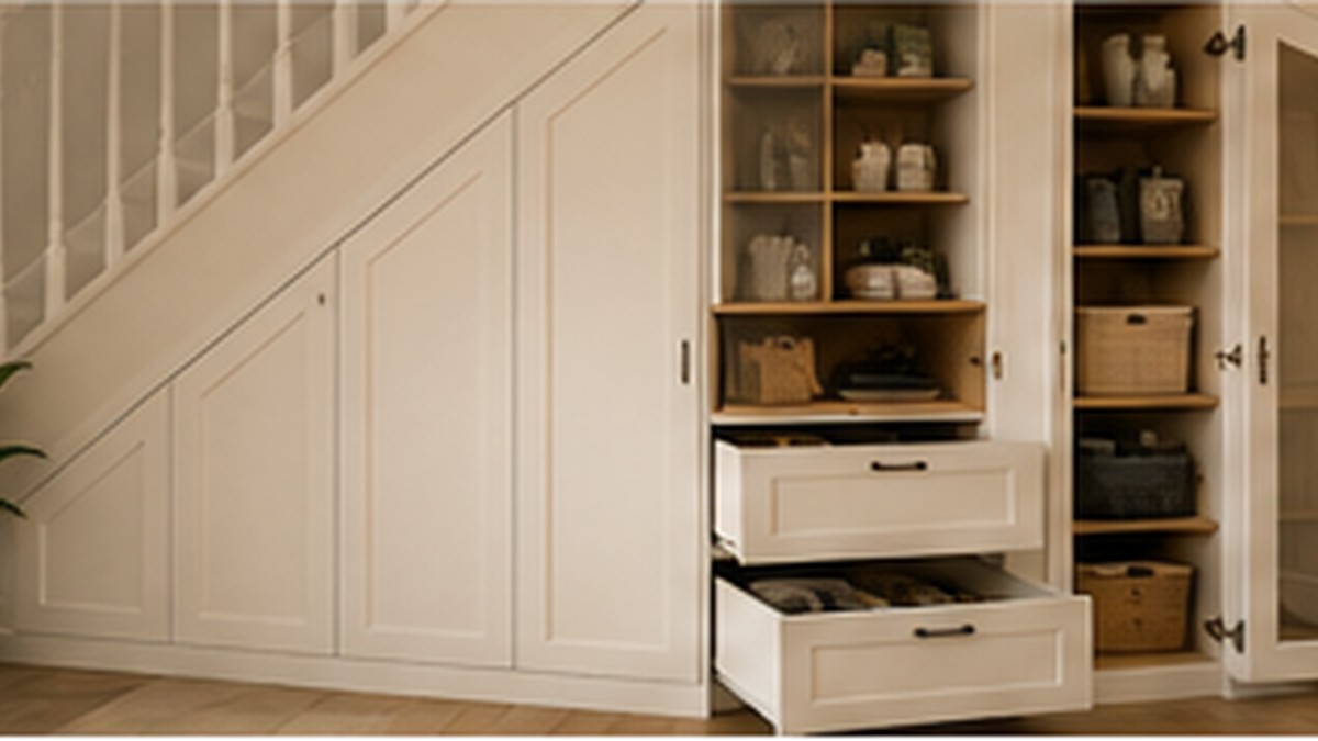 Combination under-stairs storage with drawers cupboards and shelving