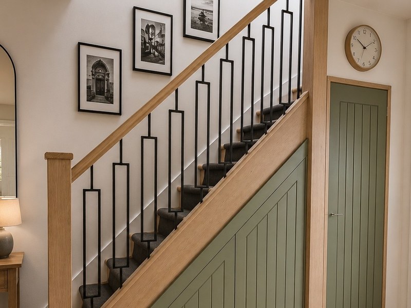 Finished bespoke under-stairs storage installation in a Kent hallway