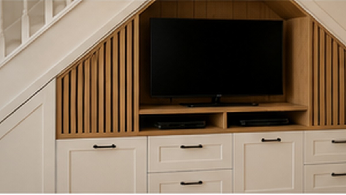 Bespoke media wall and TV storage fitted beneath a staircase