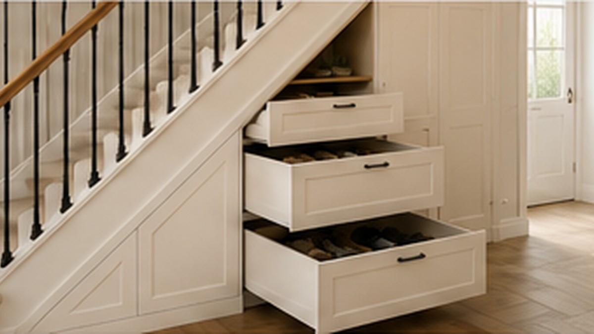 Bespoke pull-out drawers fitted beneath a staircase