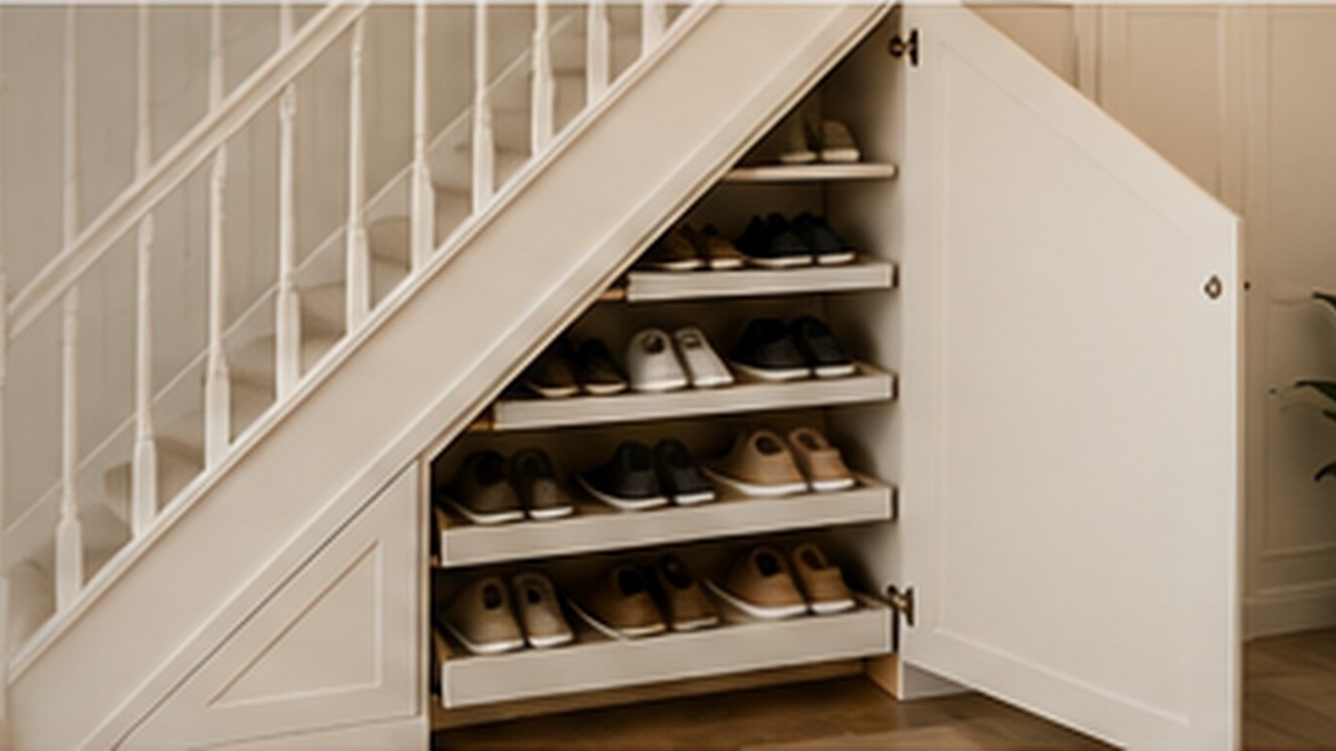 Organised shoe storage fitted beneath a staircase